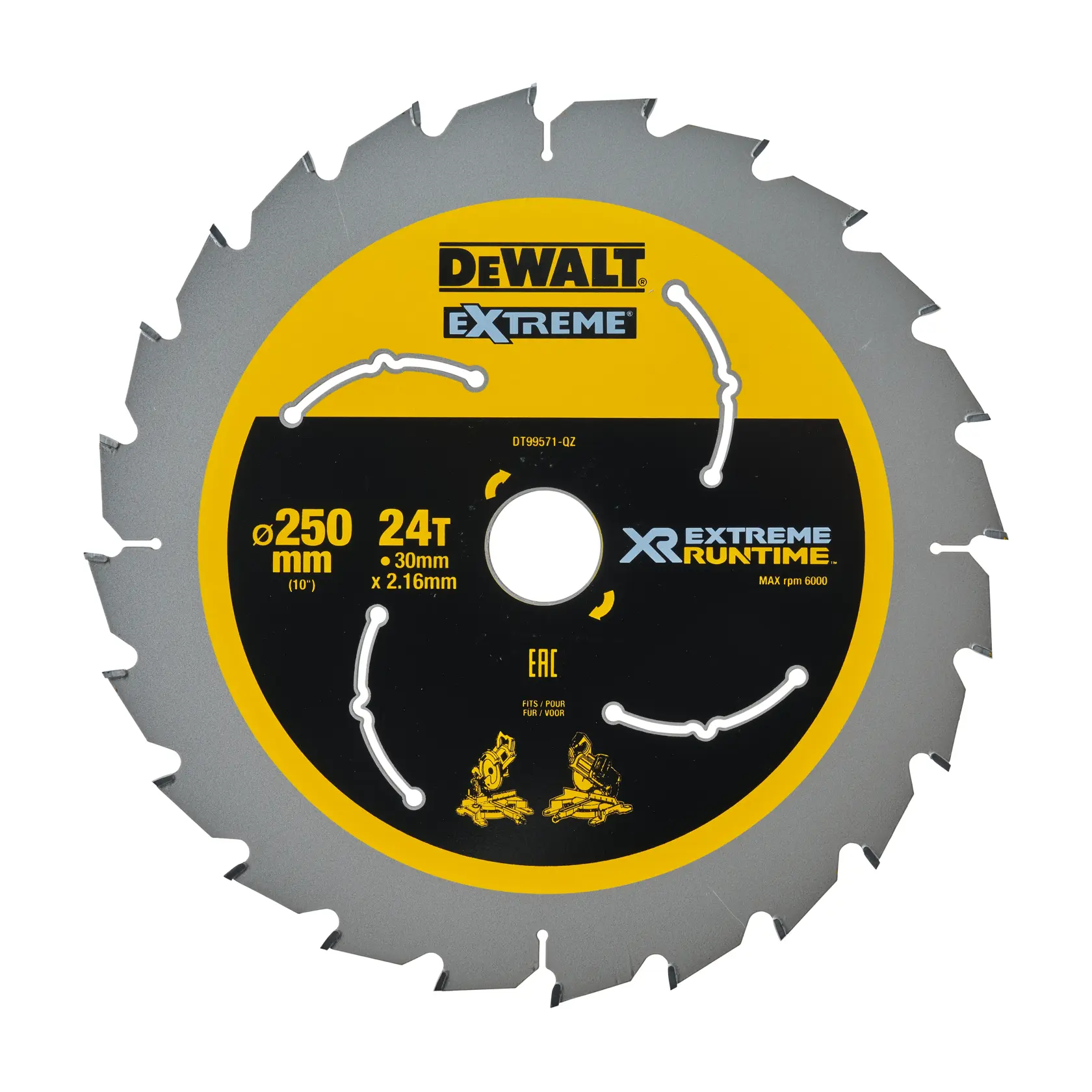 Disco de serra circular DEWALT Extreme XR de 250mm com 24 dentes, modelo DT99571, mostrado de frente. O disco apresenta marcações em amarelo e preto e é projetado para tempo de funcionamento prolongado.