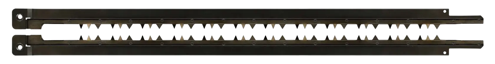 Duas faixas metálicas longas e retas com dentes em formato de serra, mostradas lado a lado sobre um fundo branco.