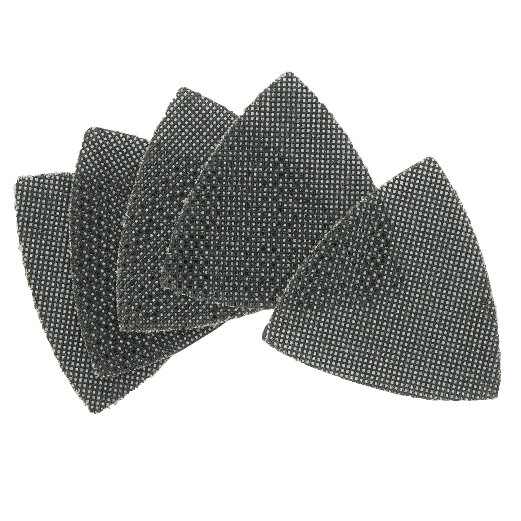 Conjunto de cinco folhas de lixa triangulares de malha, dispostas em formato de leque. As folhas são escuras e projetadas para uso com ferramentas elétricas.