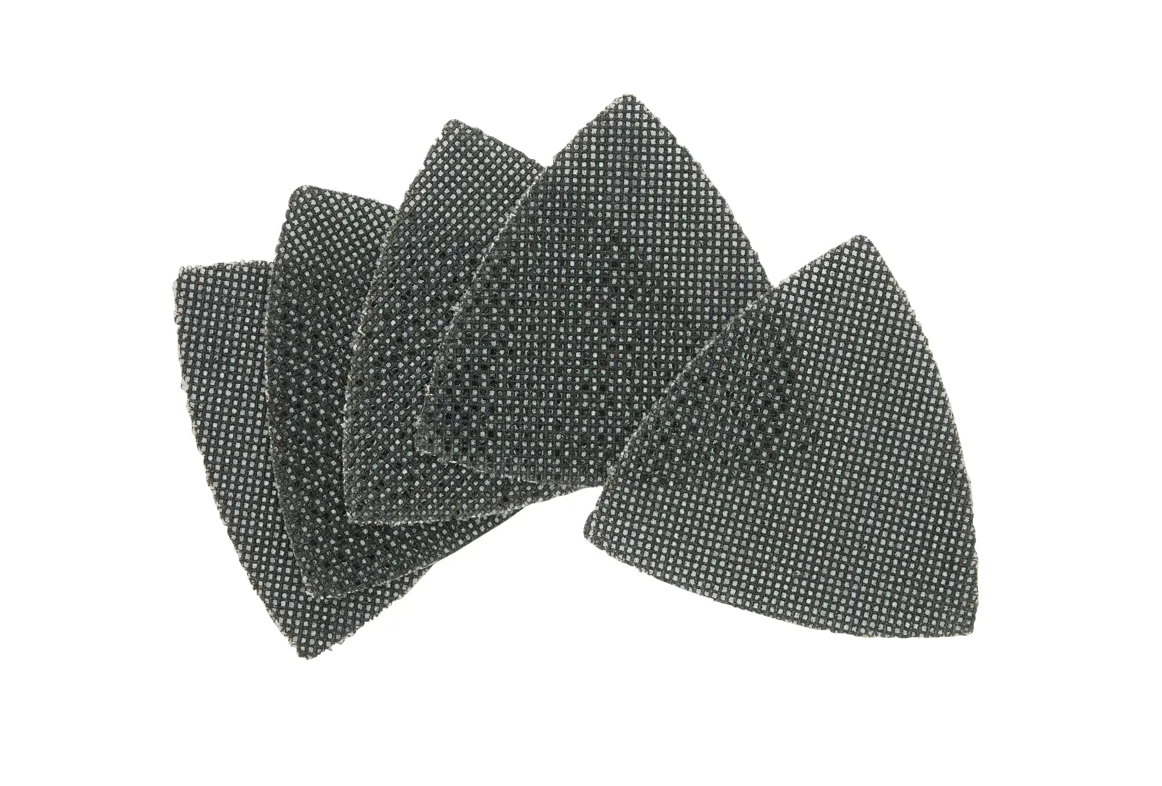 Um conjunto de cinco folhas de lixa de malha triangulares, dispostas em um formato aberto, usadas para lixamento e acabamento de superfícies.