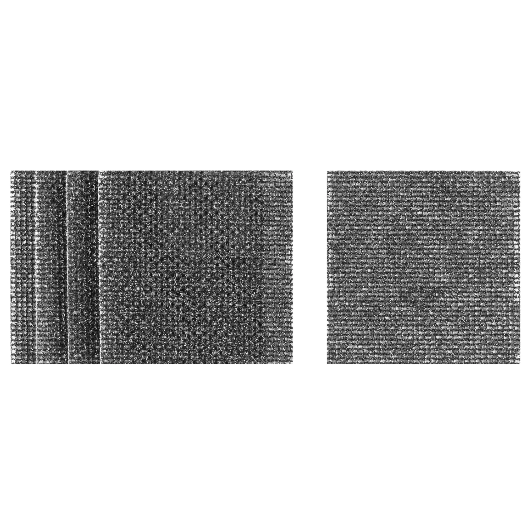 Folhas de malha de lixamento quadradas em cinza escuro, mostradas empilhadas à esquerda e uma única à direita, com superfície abrasiva texturizada.