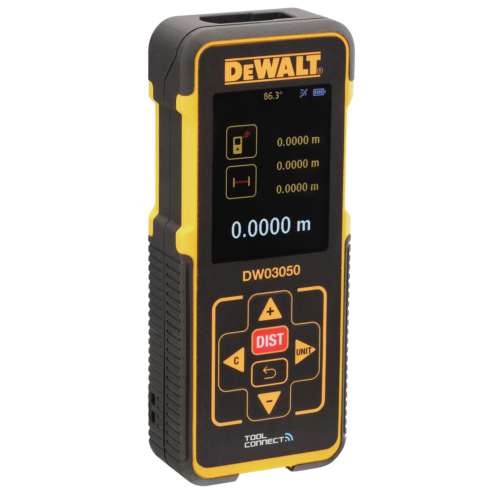 Um medidor digital de distância a laser DEWALT DW03050 com tela colorida e botões para funções de medição. O visor mostra opções de medição e uma leitura em metros.