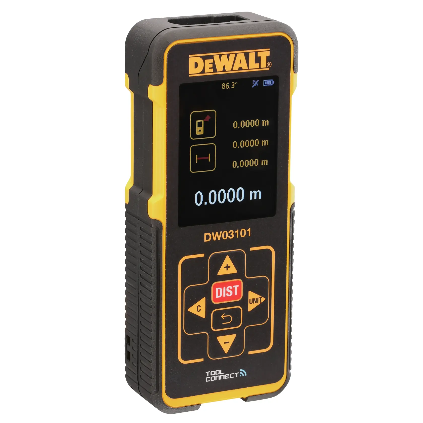 Um medidor de distância digital a laser portátil DEWALT DW03101 com corpo preto e amarelo, uma tela exibindo valores de medição em metros e vários botões de controle abaixo do visor.