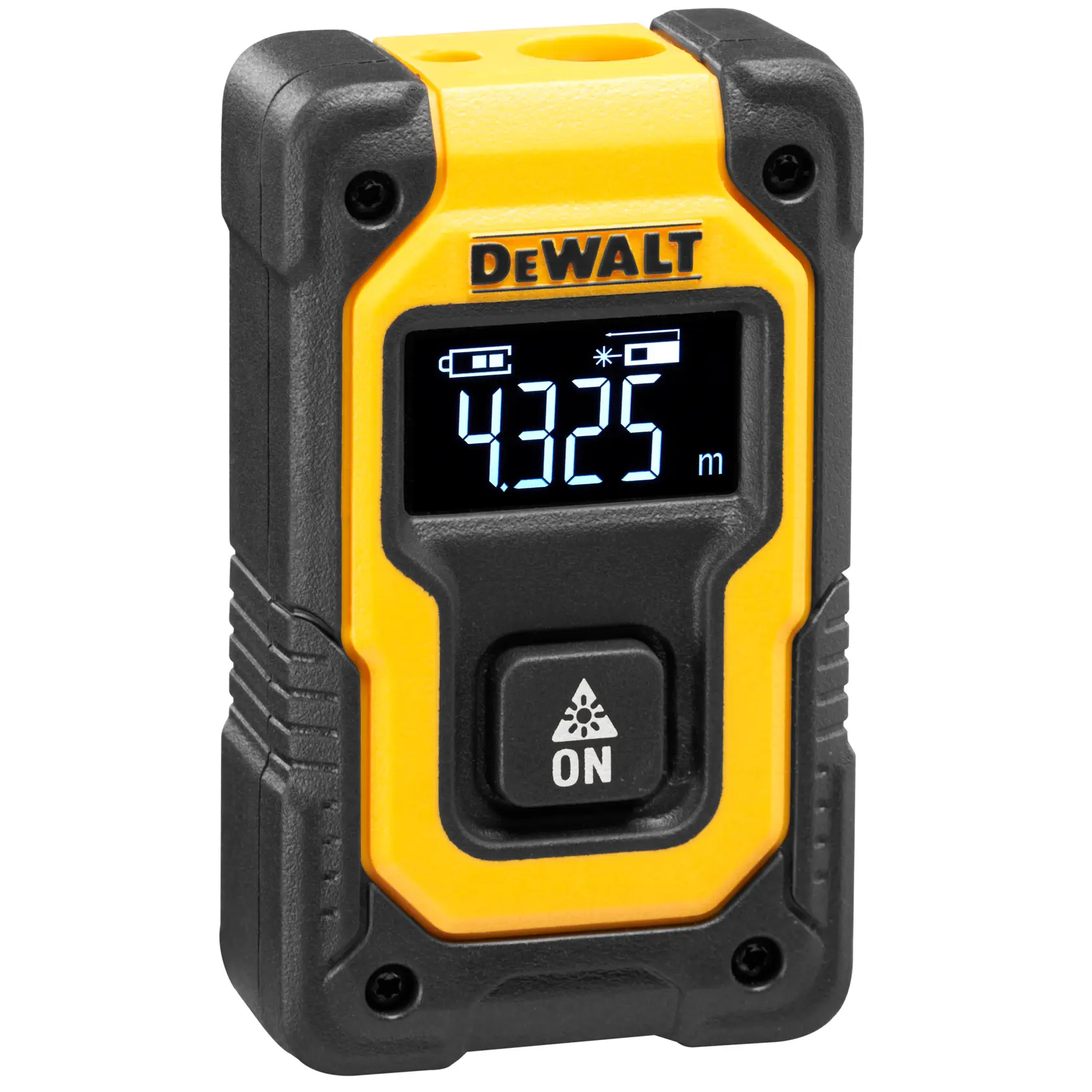 Um medidor de distância a laser amarelo e preto da marca DEWALT com display digital mostrando 4,325 metros e um botão ON abaixo da tela.