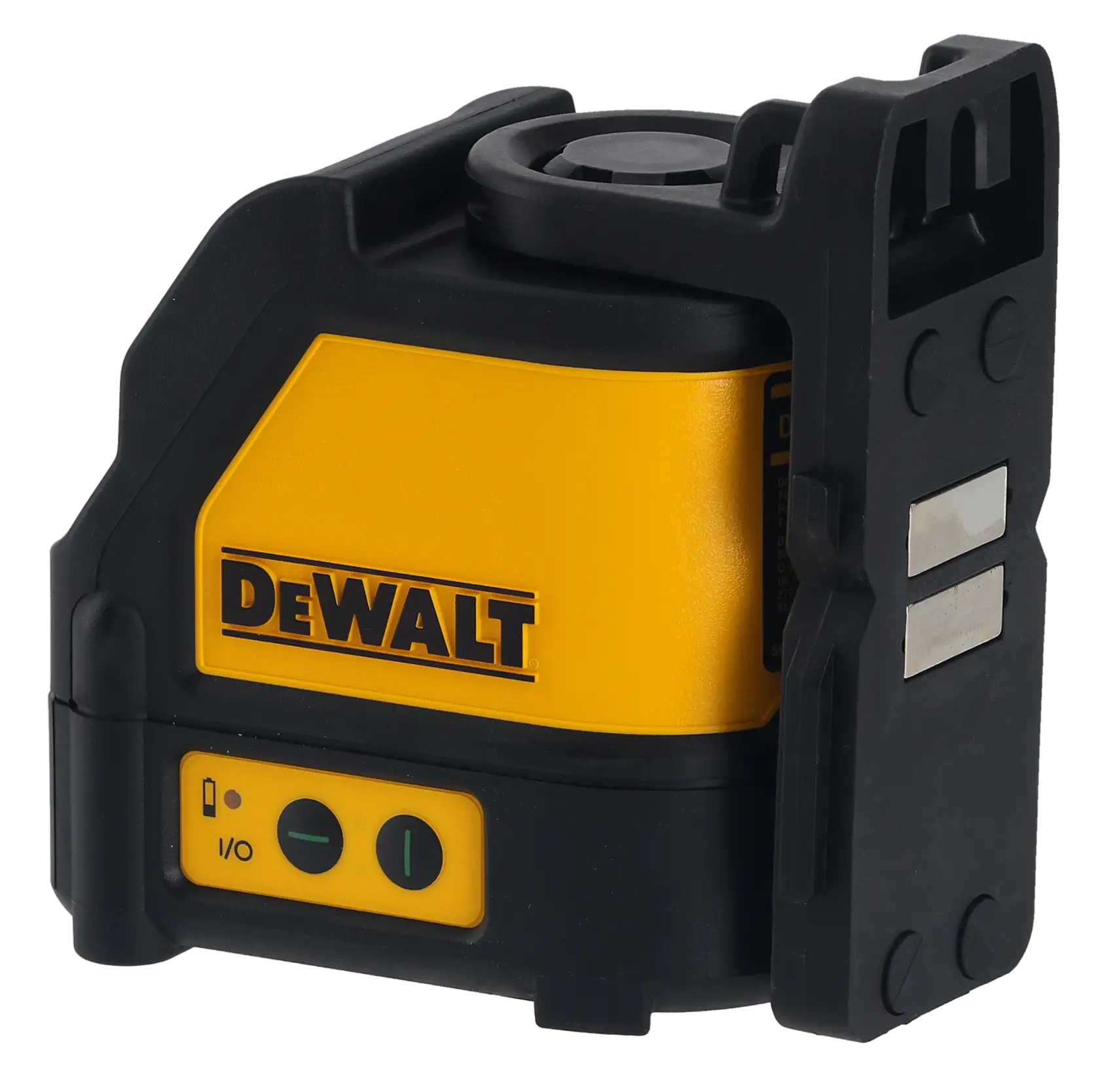 Um dispositivo de nível a laser amarelo e preto da marca DEWALT, com botões de controle e suportes magnéticos, projetado para alinhamento preciso em aplicações de construção e fotografia.