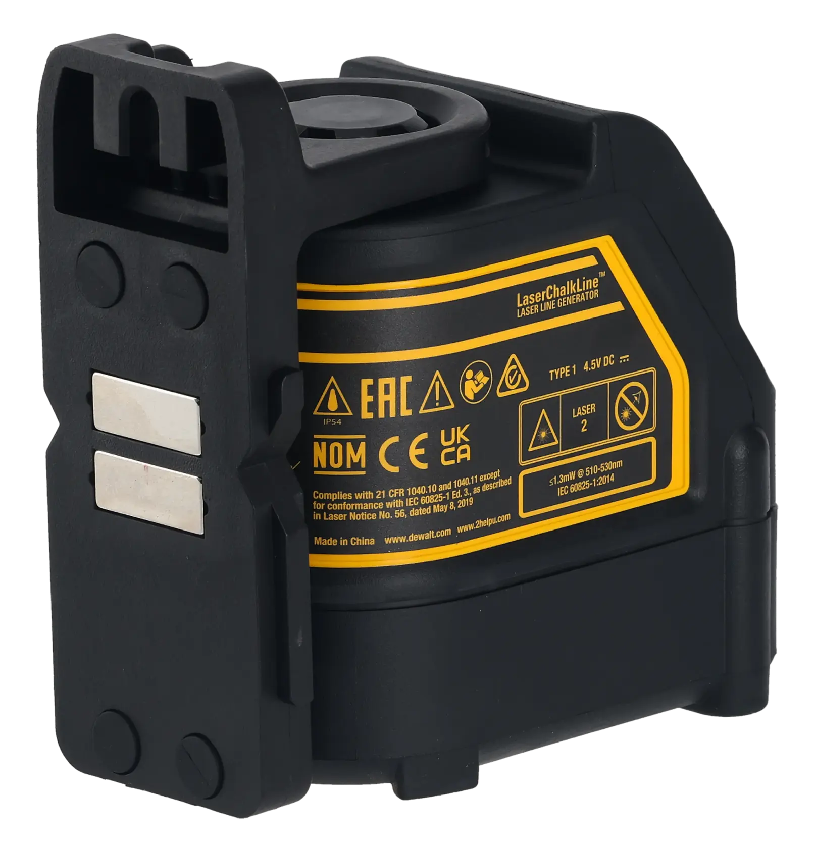 Um gerador de linha a laser DEWALT DW088CG em preto e amarelo, mostrado com etiquetas de advertência e conformidade. O dispositivo possui uma caixa preta robusta e duas tiras metálicas na lateral.