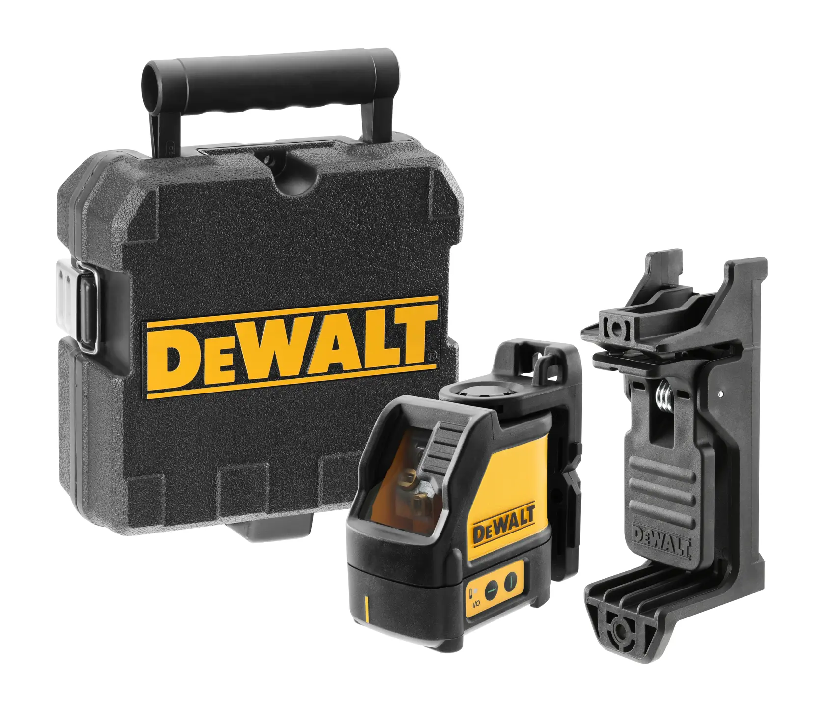 Um kit de nível a laser da DEWALT, incluindo uma ferramenta de nível a laser preta e amarela, um suporte de montagem e uma caixa de transporte rígida com alça.