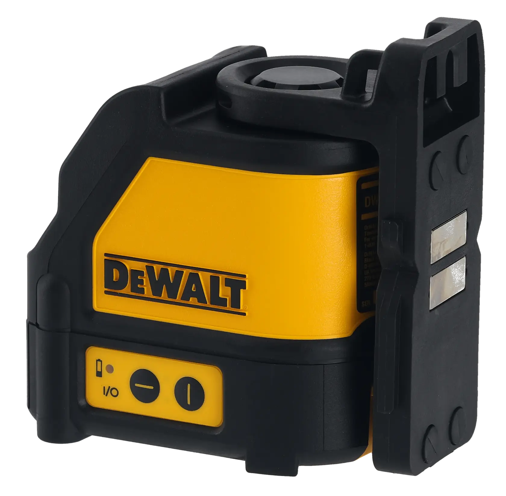 Nível a laser de linhas cruzadas Dewalt DW088K. O dispositivo é amarelo e preto, possui botões de controle na parte frontal e o logotipo da Dewalt na lateral. Está alojado em uma caixa robusta.
