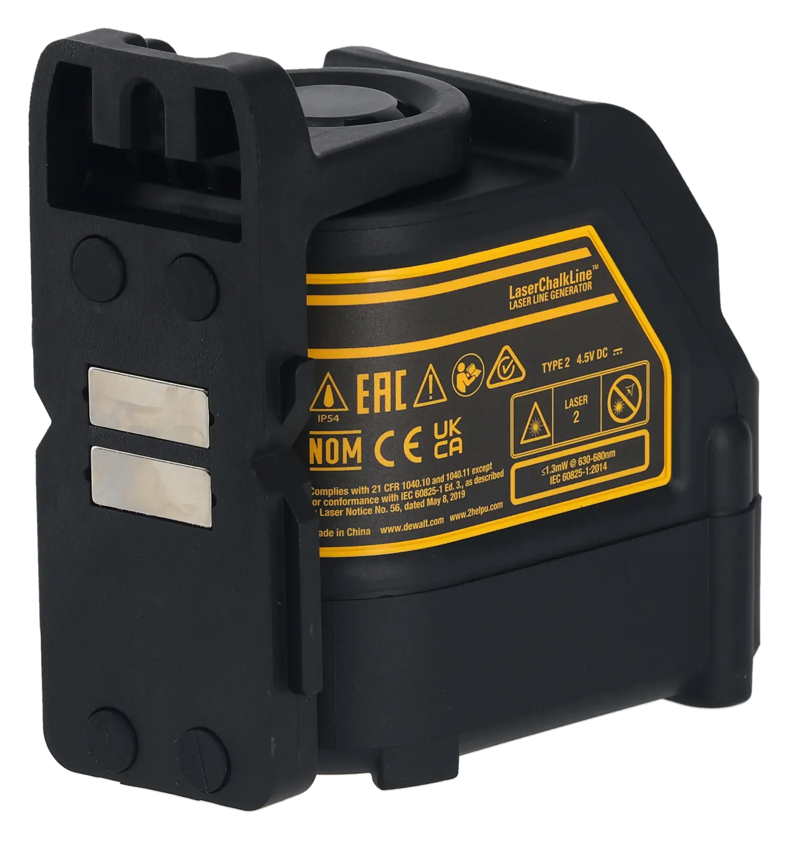 Imagem em close do indicador de vida útil da bateria DEWALT DW088K mostrando um botão de energia amarelo e um ícone de bateria, com o texto: 'Indicador de vida útil da bateria. Saiba quando é hora de carregar quando a bateria está fraca'.