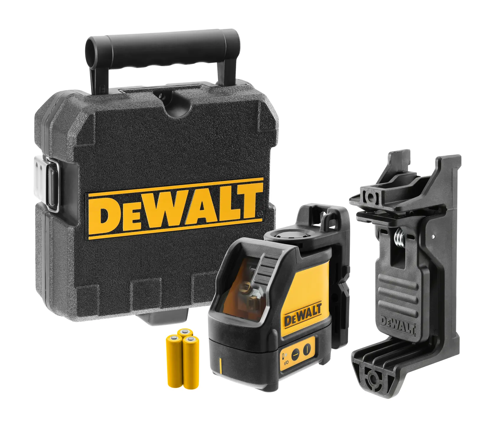 Um kit de nível a laser DEWALT DW088K é mostrado, incluindo um dispositivo de nível a laser preto e amarelo, um suporte, duas pilhas AA e uma maleta resistente preta com o logotipo DEWALT.