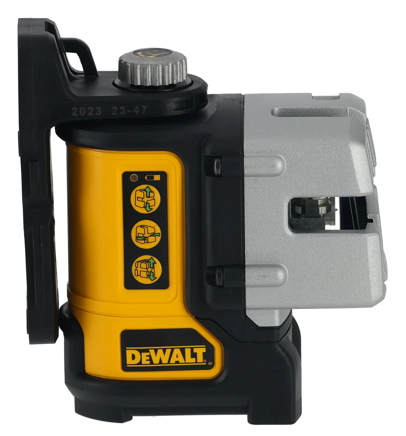 Vista lateral de um nível a laser de linha cruzada autonivelante verde DEWALT DW089CG, mostrando seu painel de controle e construção robusta, usado para nivelamento e alinhamento precisos em tarefas de construção e fotografia.