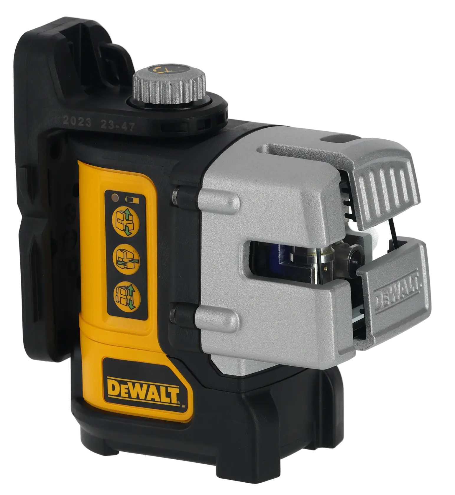 Nível a laser de linha cruzada verde auto nivelante DEWALT DW089CG, com corpo robusto nas cores amarela e preta, botões de controle e suporte para alinhamento preciso em aplicações de construção ou fotografia.