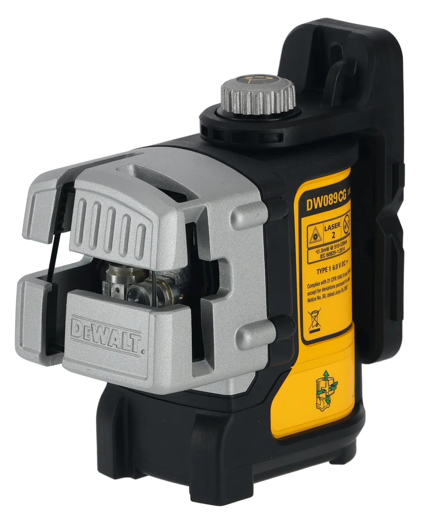 Um dispositivo de nível a laser de linha cruzada verde DEWALT DW089CG com uma estrutura robusta cinza e preta, apresentando etiquetas amarelas de advertência e instrução na lateral, geralmente utilizado para medições precisas e nivelamento em construção e fotografia.