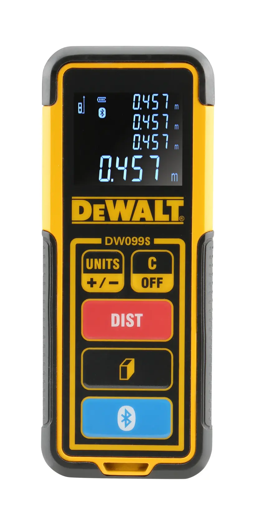 Medidor de distância a laser DEWALT DW099S com visor digital iluminado mostrando várias leituras de medição. O dispositivo tem corpo amarelo e preto, com botões rotulados para funções como unidades, distância e Bluetooth.