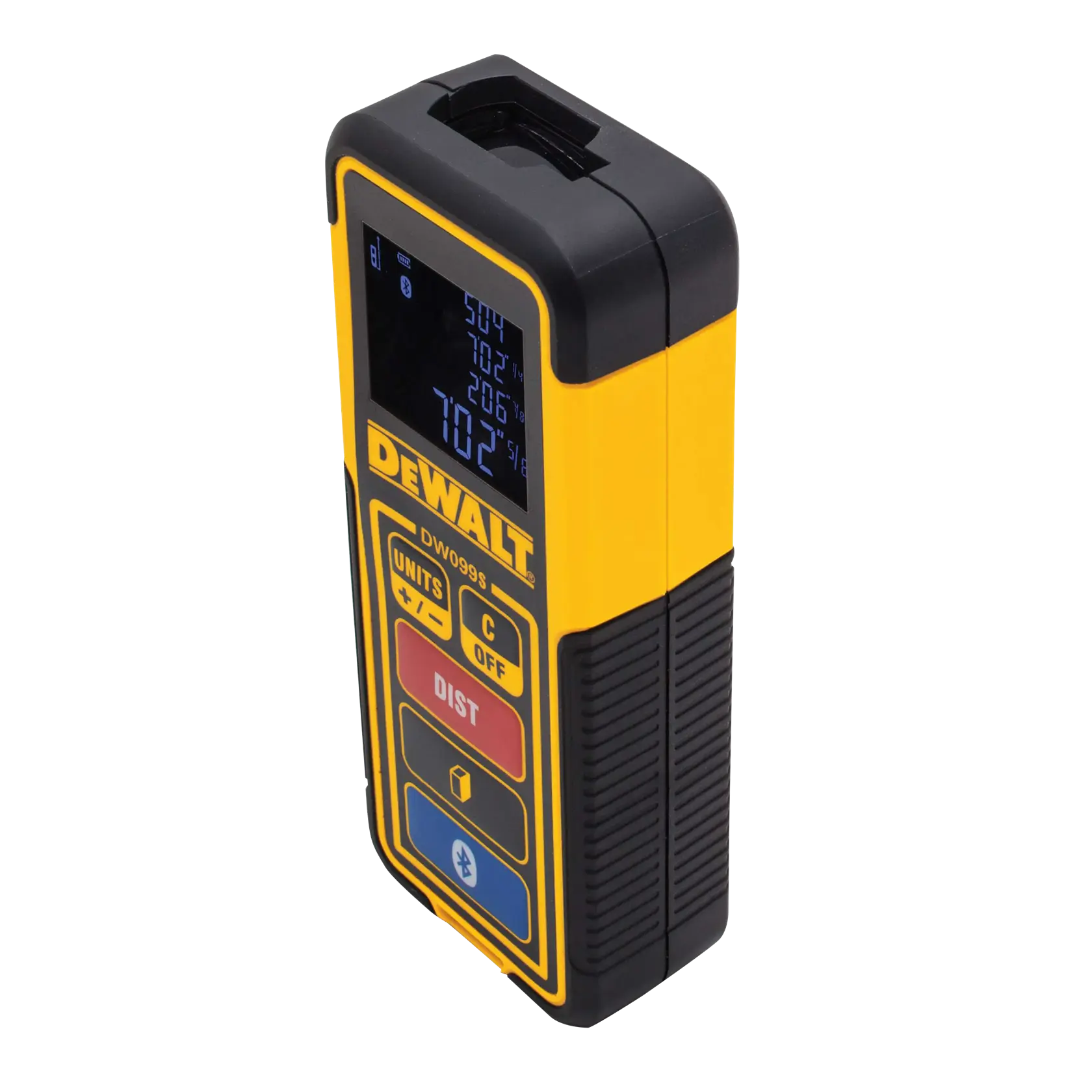 Um medidor de distância a laser DEWALT DW099S com carcaça amarela e preta, tela digital exibindo medições e vários botões, incluindo unidades, desligar, distância e funções de Bluetooth.