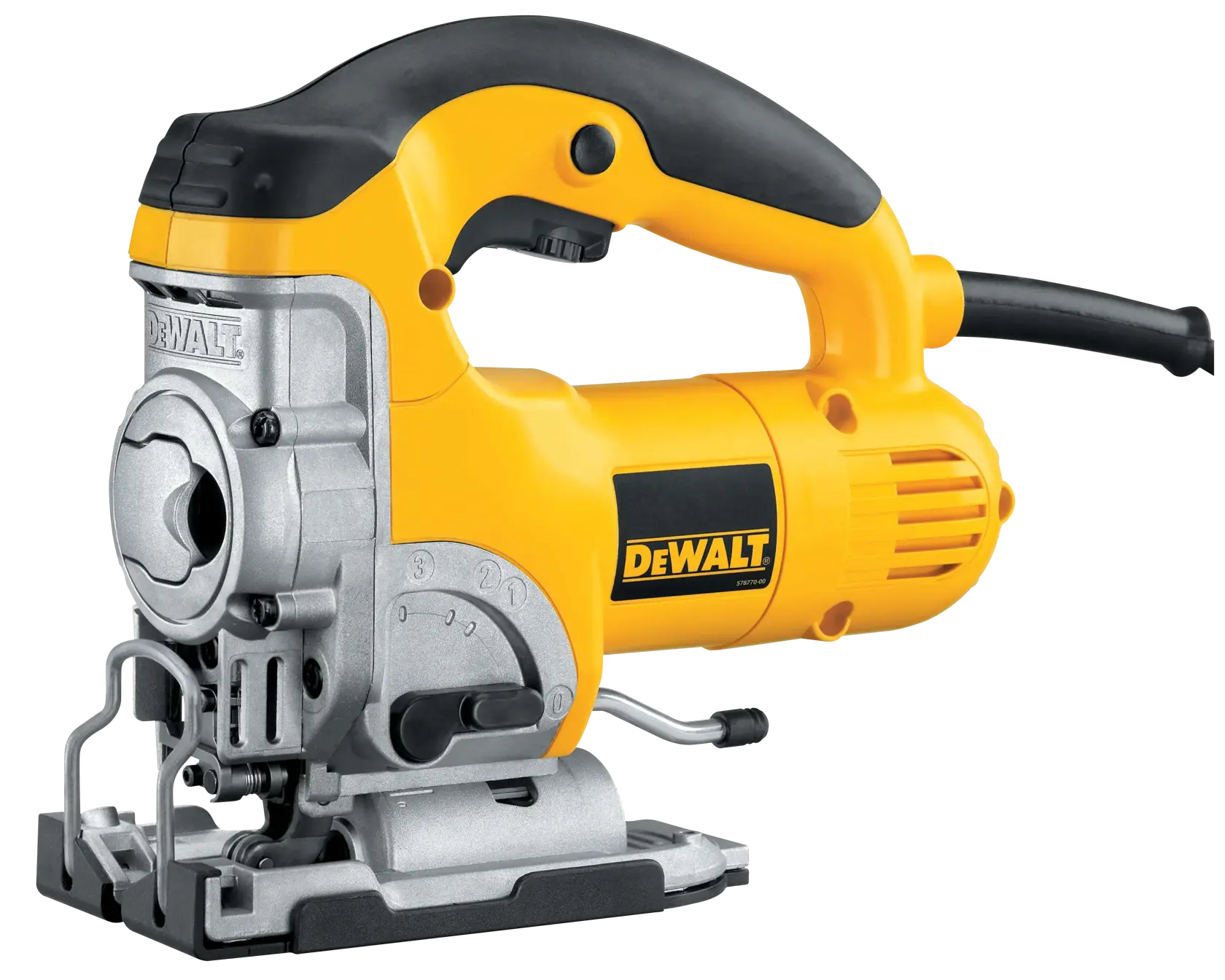 Uma serra tico-tico elétrica DEWALT DW331K com corpo amarelo e preto, projetada para cortar vários materiais. A ferramenta é mostrada de lado, com o mecanismo da lâmina, cabo e fio visíveis.