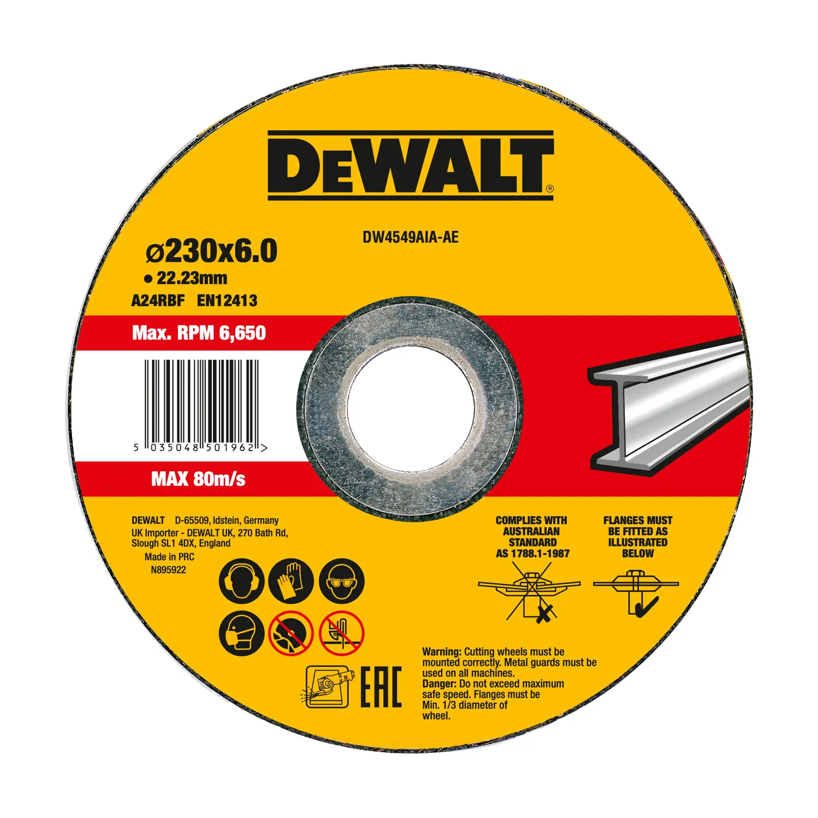 Disco abrasivo DEWALT para corte de metal, modelo DW4549AIA-AE, com diâmetro de 230 mm e espessura de 6,0 mm. O disco possui furo central de 22,23 mm e é indicado para velocidade máxima de 6.650 RPM e 80 m/s. O rótulo inclui avisos de segurança, instruções de uso e símbolos de conformidade.