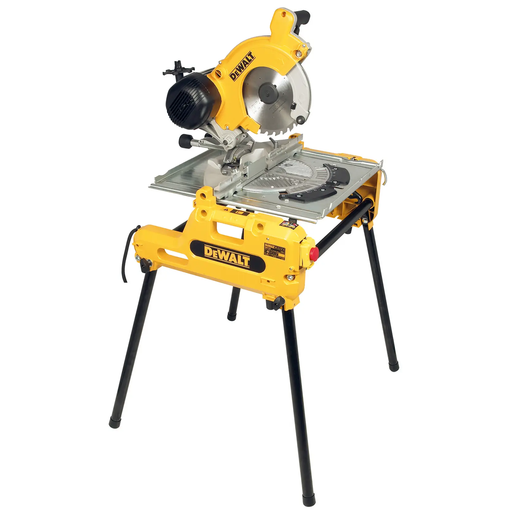 Serra DEWALT para fotografia, SKUs DW743N e DW743. Ferramenta amarela com lâmina e pernas fortes.