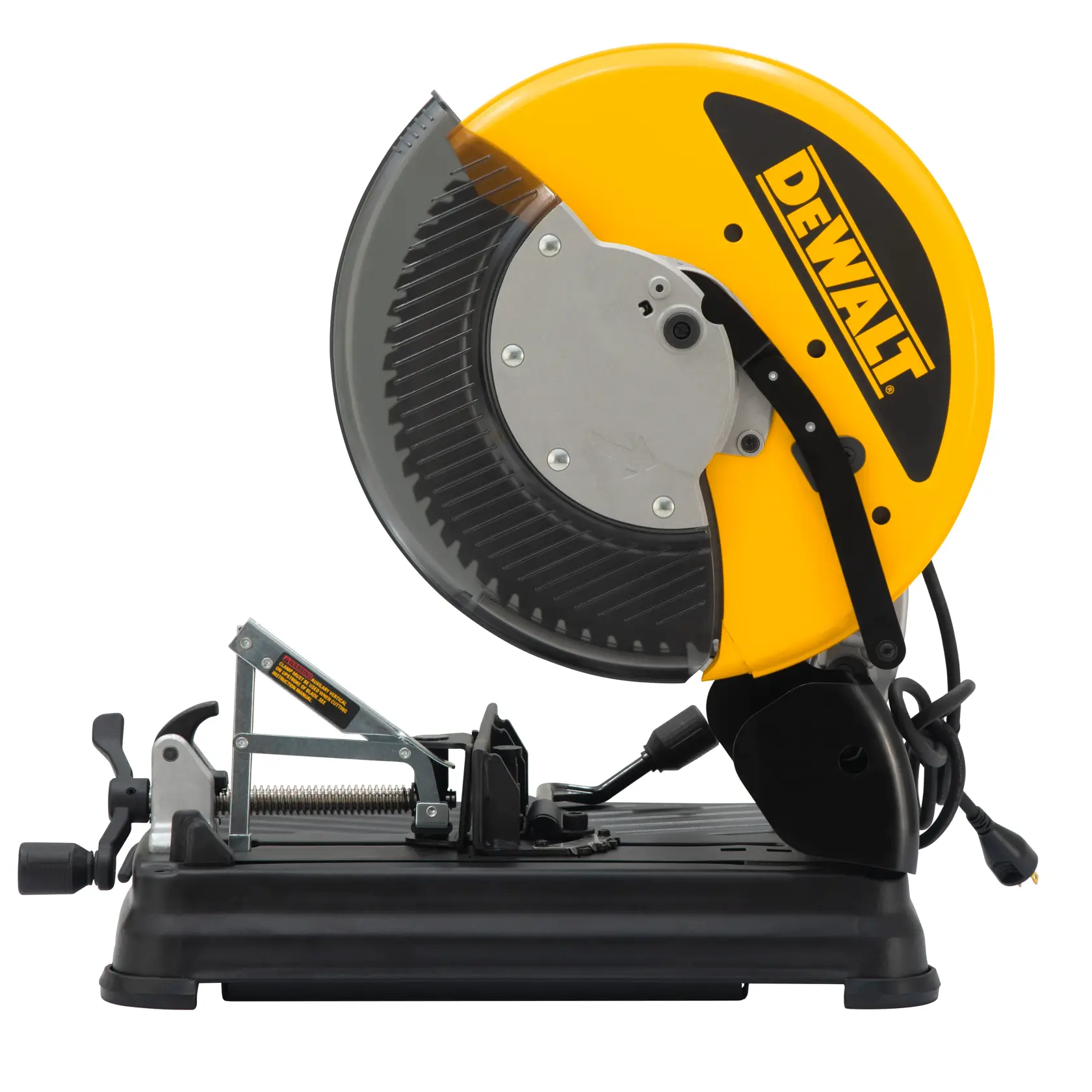 Uma serra de corte de metal DEWALT DW872 para serviço pesado com protetor de lâmina amarelo e base preta, usada para tarefas industriais de corte.