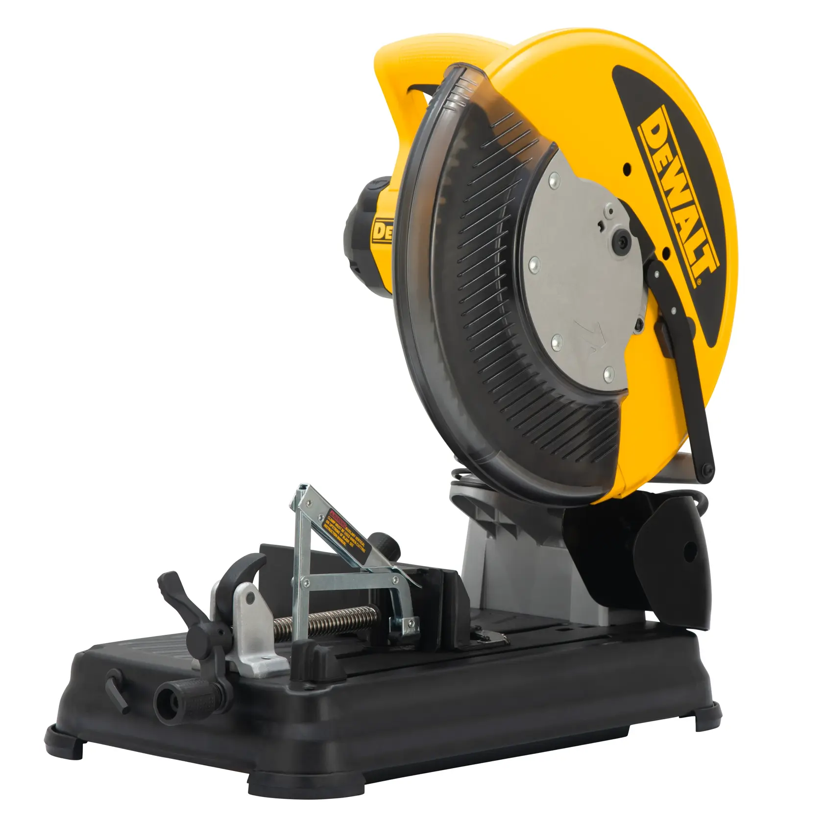 Uma serra de corte de metal DEWALT DW872, com design amarelo e preto, lâmina circular e base robusta.