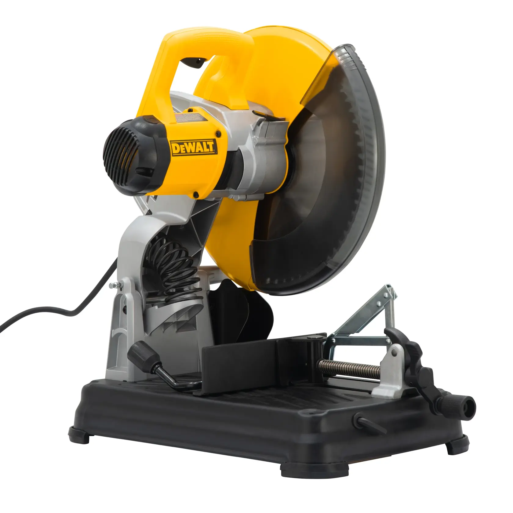 Uma serra de corte DEWALT com corpo amarelo, usada para cortar metal e outros materiais. A serra possui uma lâmina circular, uma alça e uma base preta robusta com um grampo para fixação de materiais. O cabo de energia está visível no lado esquerdo.
