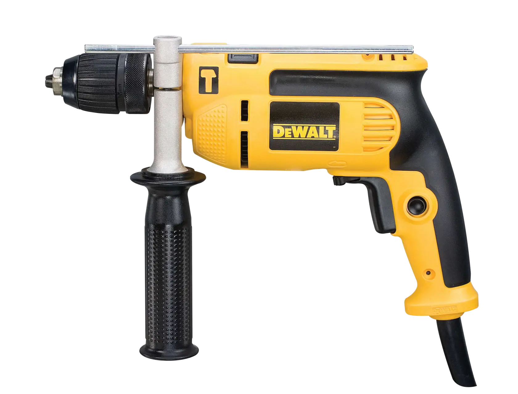 Furadeira amarela e preta DEWALT com cabo lateral exibida sobre fundo branco.