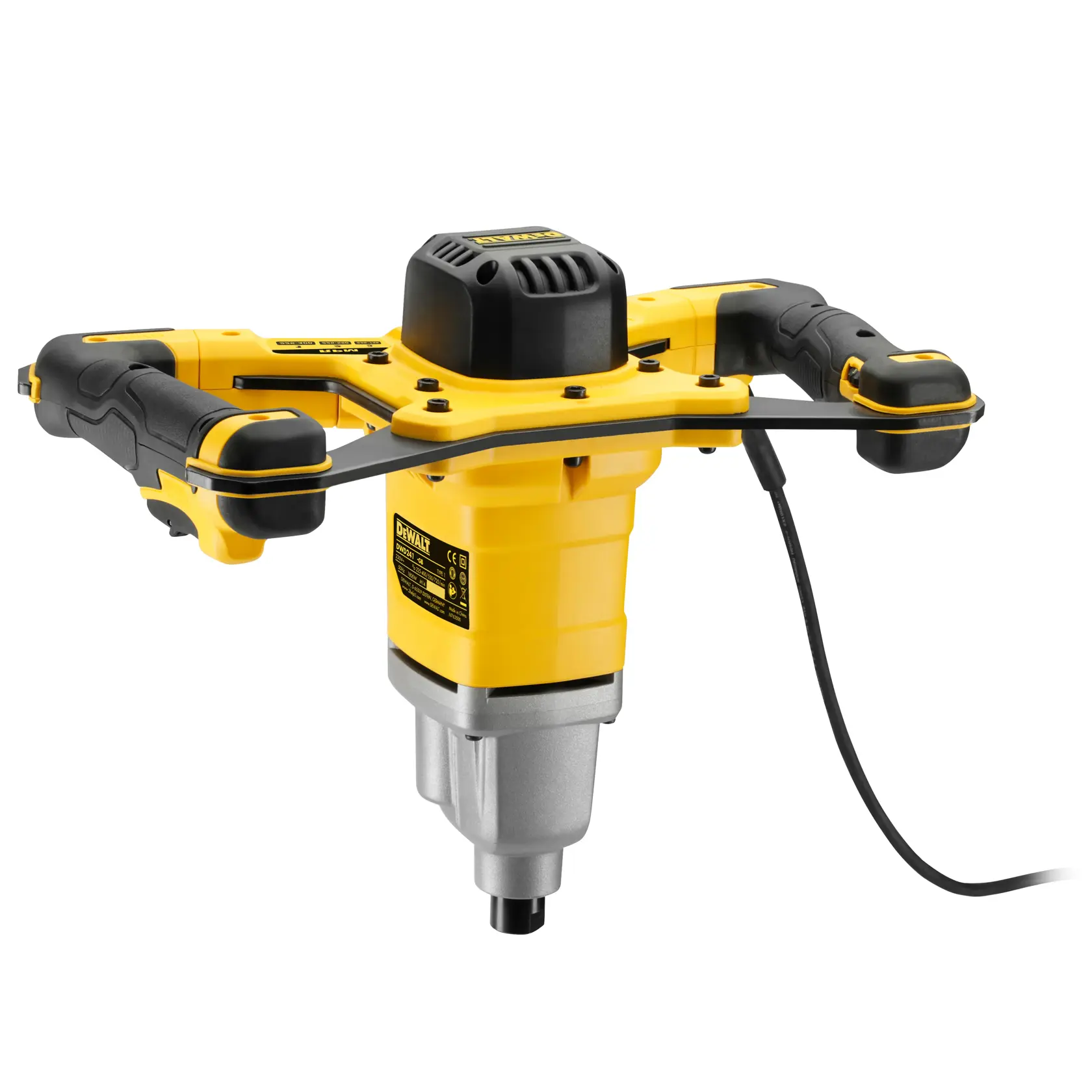 Um misturador elétrico DEWALT DWD241 com design amarelo e preto, equipado com duas alças ergonômicas e cabo de alimentação conectado.