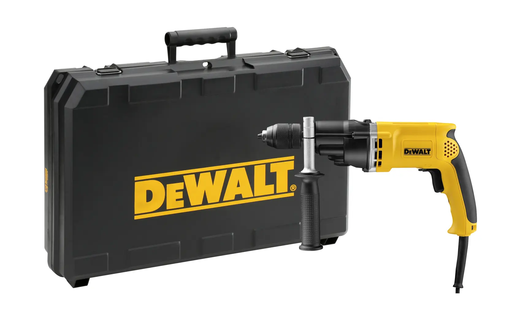 Uma furadeira com fio DEWALT com cabo lateral está ao lado de uma grande maleta preta com o logotipo DEWALT em amarelo.