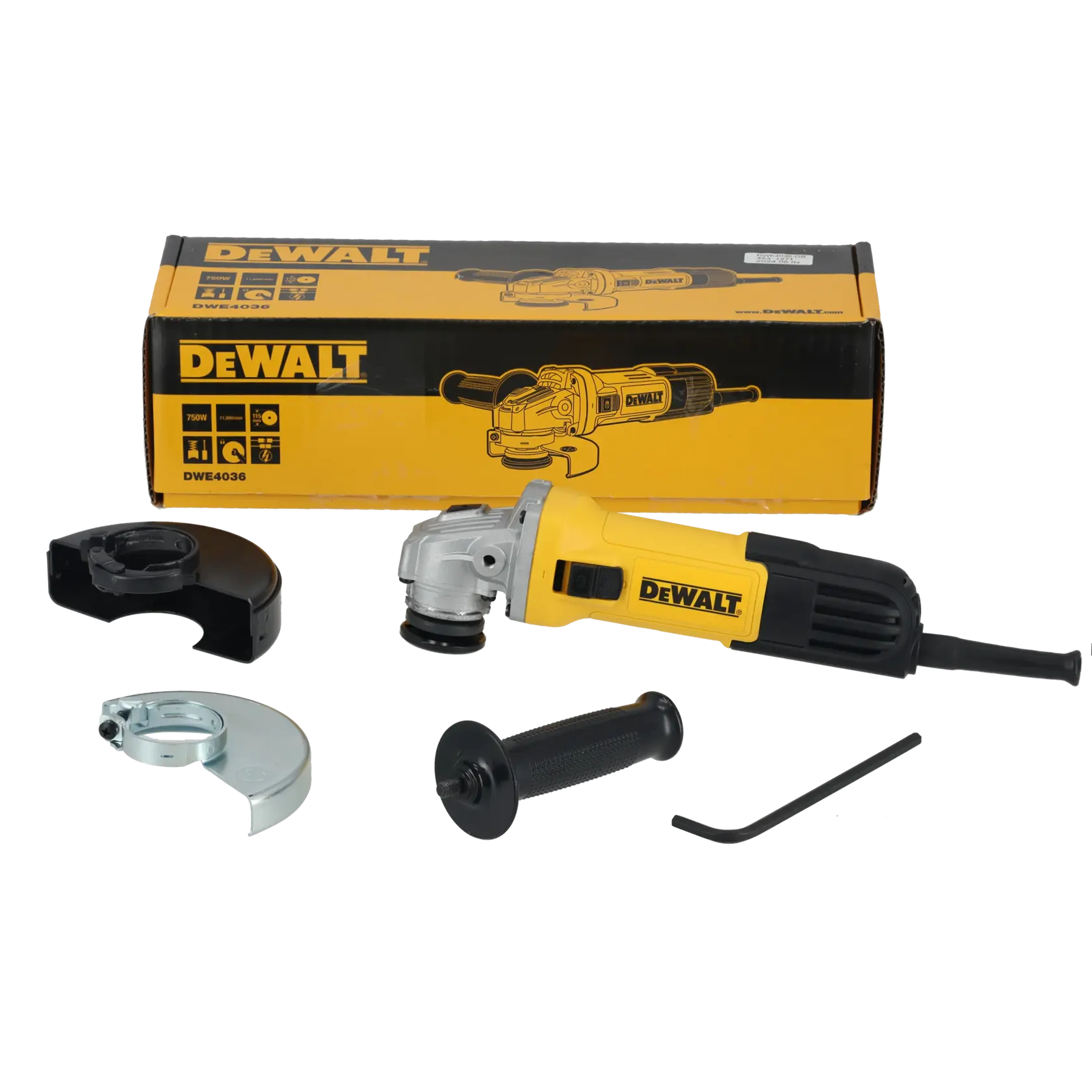 Kit de esmerilhadeira angular DEWALT DWE4036, mostrando a esmerilhadeira amarela e preta, acessórios de proteção, cabo auxiliar, chave e caixa da marca ao fundo.