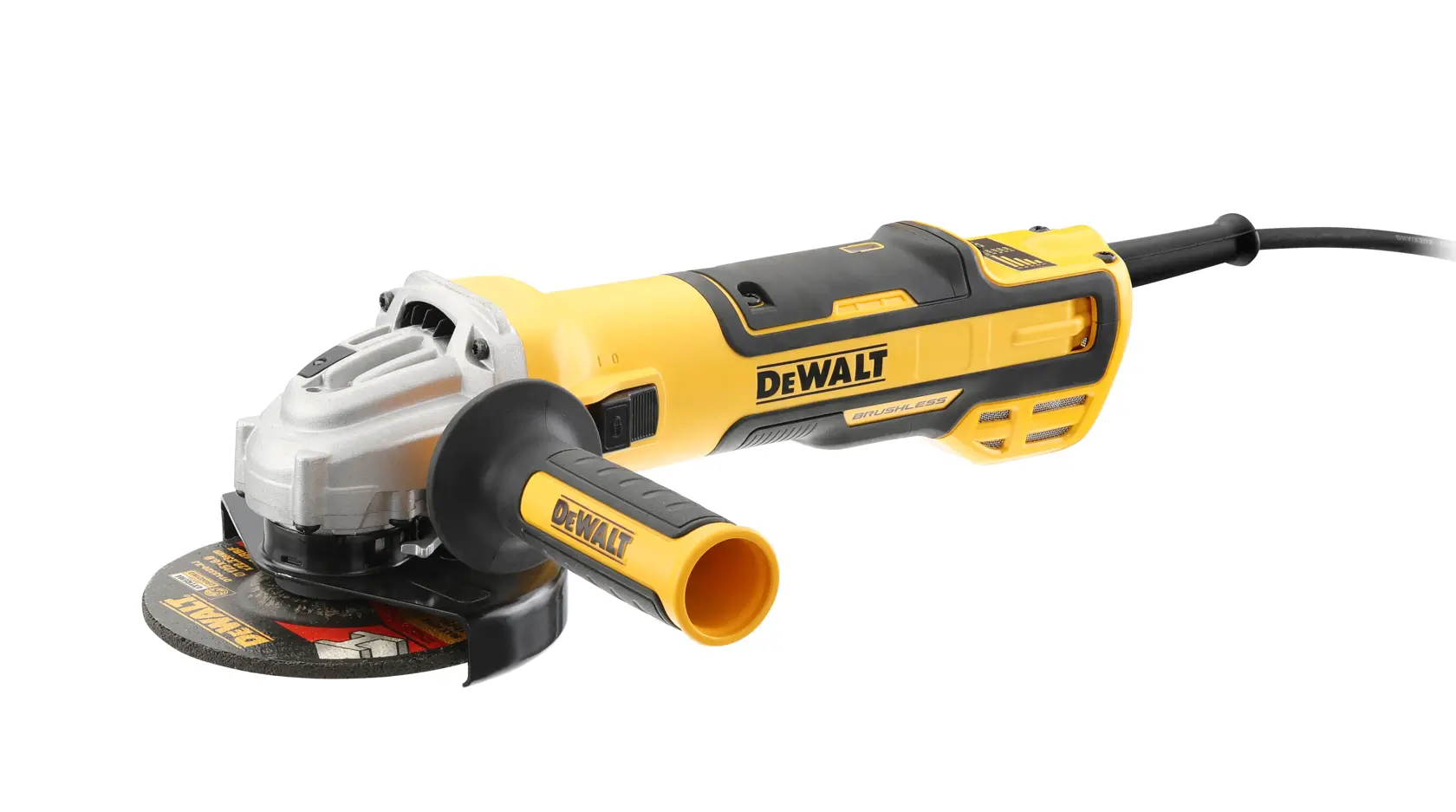 Uma esmerilhadeira angular DEWALT amarela e preta com cabo lateral e disco de corte, exibida sobre um fundo branco.