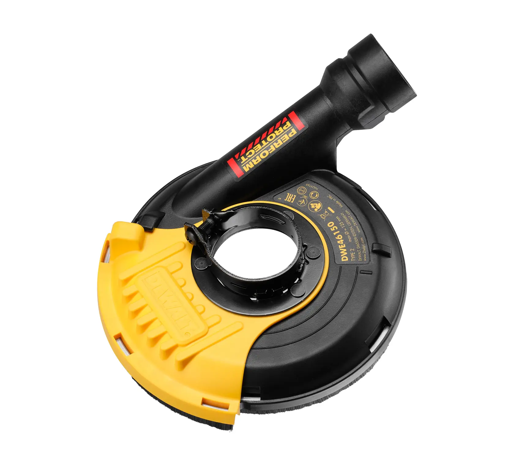 Adaptador universal de proteção contra poeira DEWALT DWE46150 para esmerilhadeiras angulares, com design preto e amarelo e porta de extração de pó.