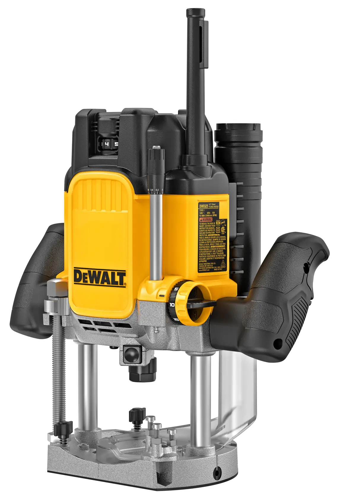 Uma tupia elétrica DEWALT com corpo amarelo e preto, duas alças ergonômicas pretas, botões de ajuste de precisão e uma base metálica projetada para tarefas de marcenaria.