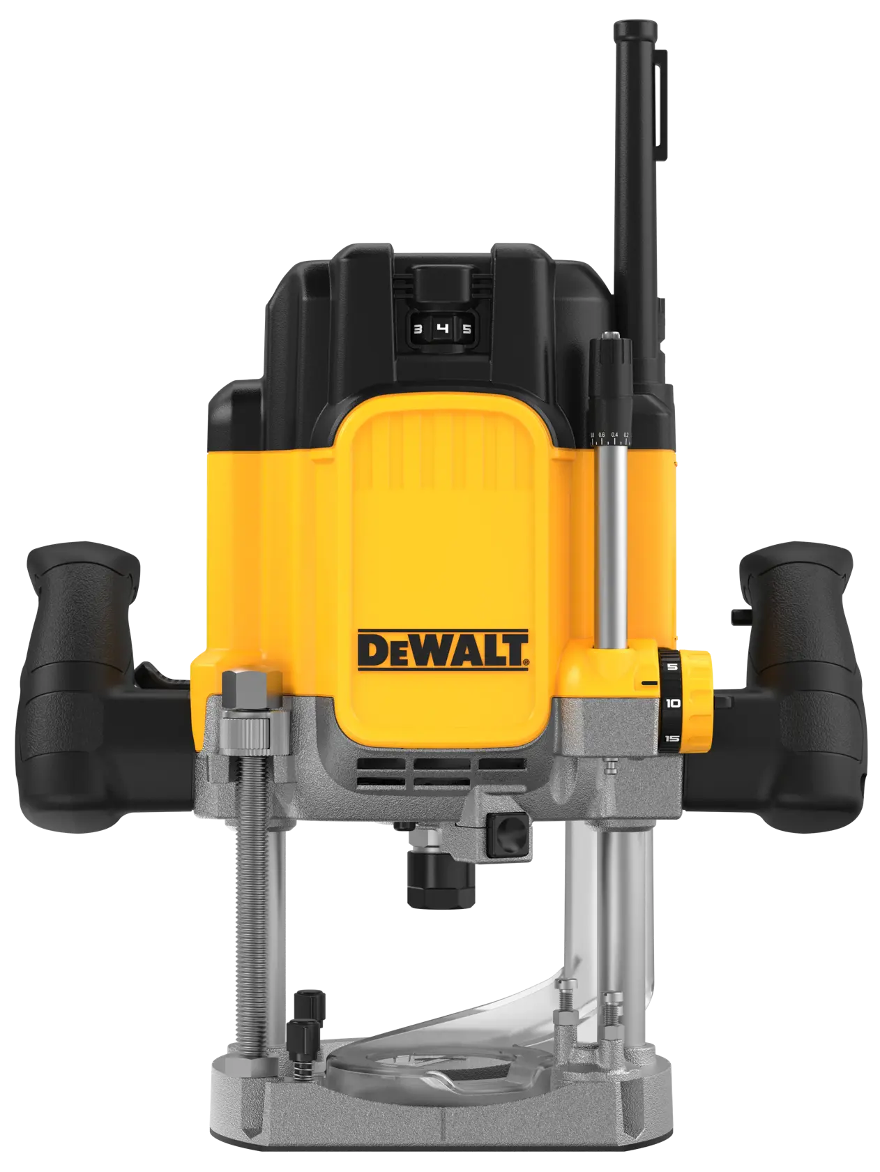 Vista frontal de uma tupia de mergulho DEWALT DWE625 para trabalhos em madeira, com corpo amarelo e preto, dois cabos ergonômicos pretos e controle de profundidade ajustável.