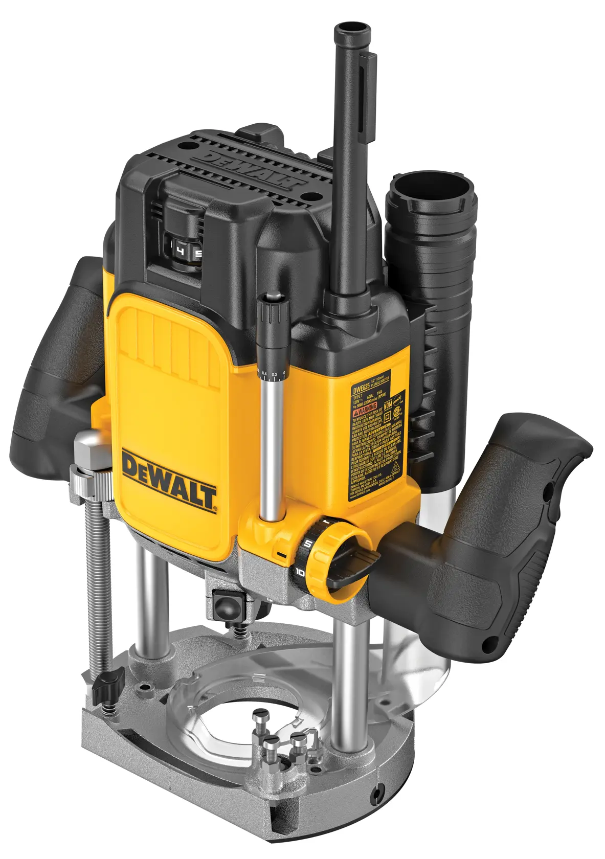 Uma tupia de mergulho DEWALT com design amarelo e preto, alças ergonômicas, botões de ajuste e uma base metálica robusta para trabalhos em madeira.