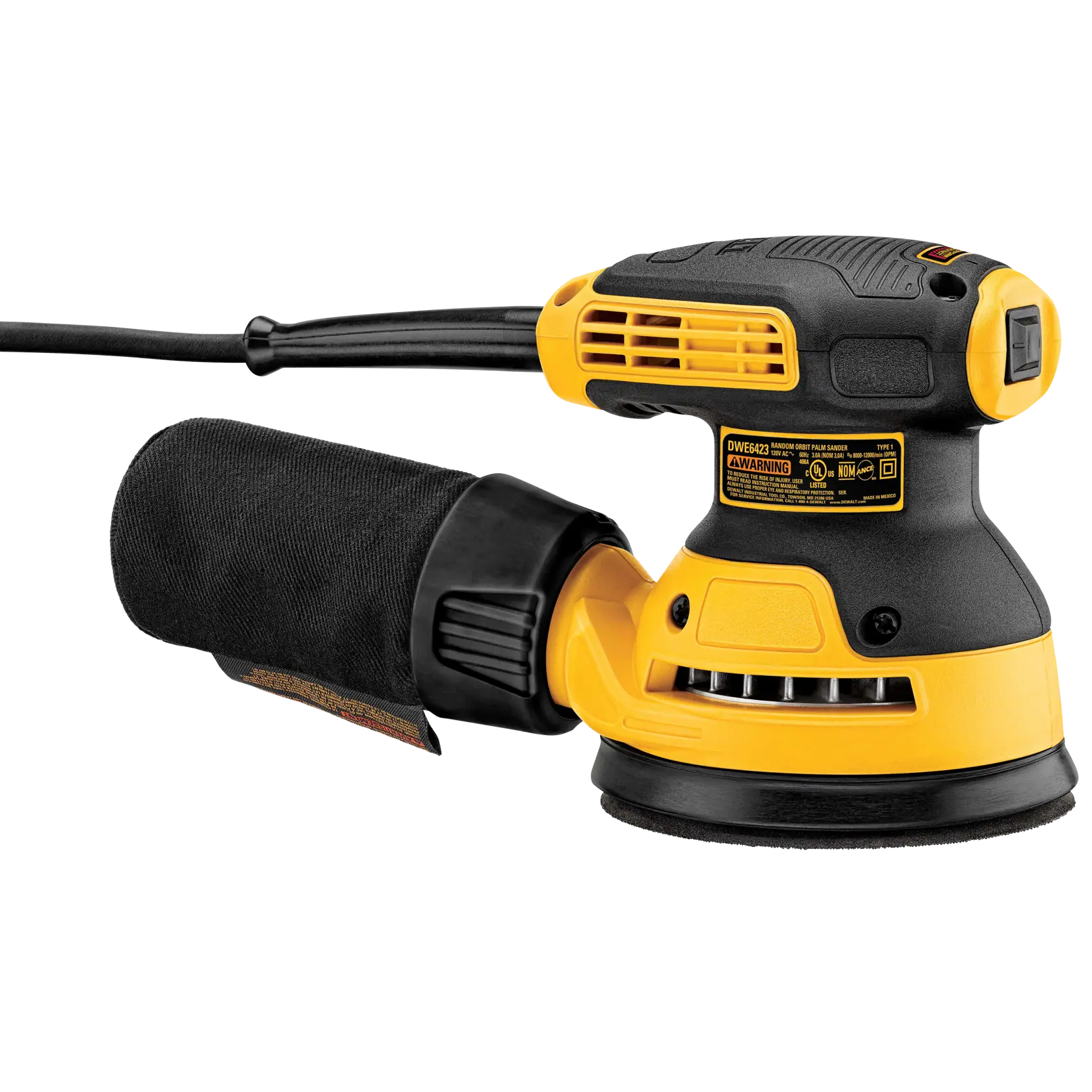 Uma lixadeira orbital elétrica aleatória DEWALT, modelo DWE6423, mostrada em preto e amarelo, com um cabo de energia conectado. A lixadeira possui um botão de controle de velocidade visível e é projetada para acabamentos de lixamento suaves.