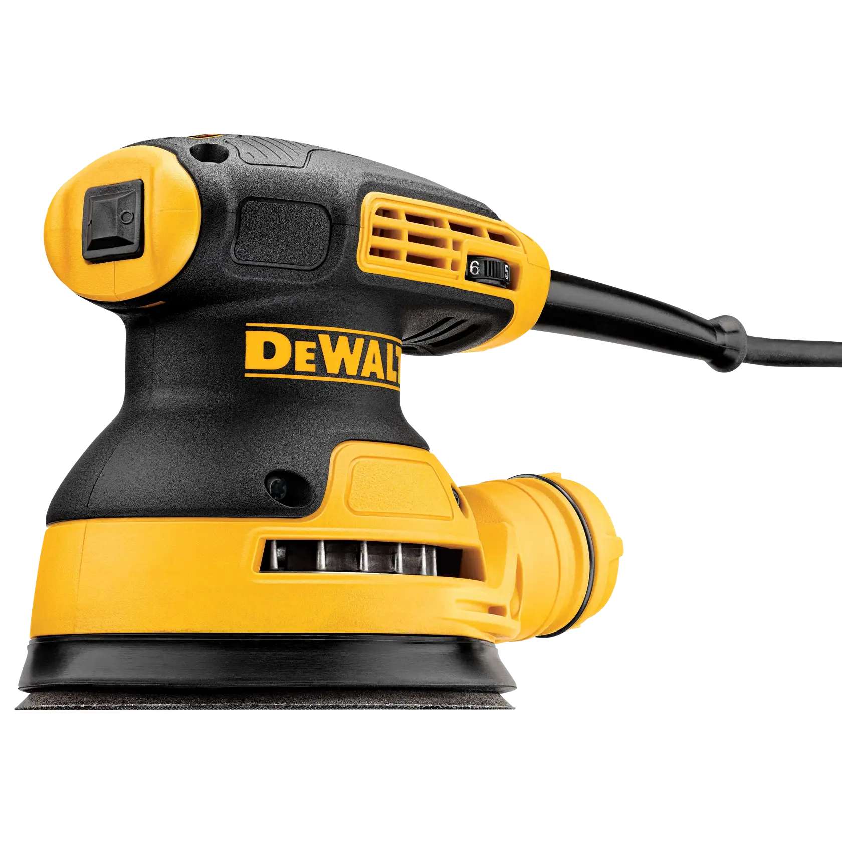 Uma lixadeira orbital aleatória DEWALT DWE6423 é mostrada com as características do produto destacadas. A lixadeira é amarela e preta, possui um interruptor selado contra poeira, design de contrapeso separado e um porta de poeira conectado a um saco de coleta.