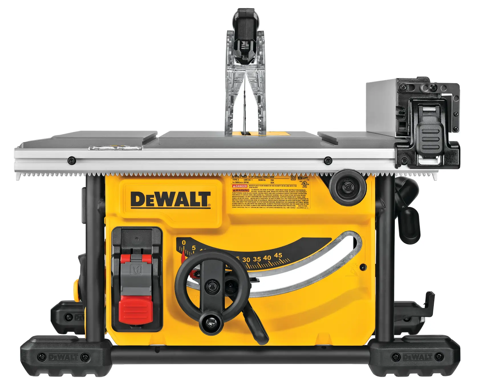 Vista frontal de uma serra de bancada DEWALT, modelo DWE7485WS, com base amarela, botões de ajuste, interruptor de ligar/desligar e superfície de corte prateada com proteção. O logotipo da marca está visível na parte frontal.