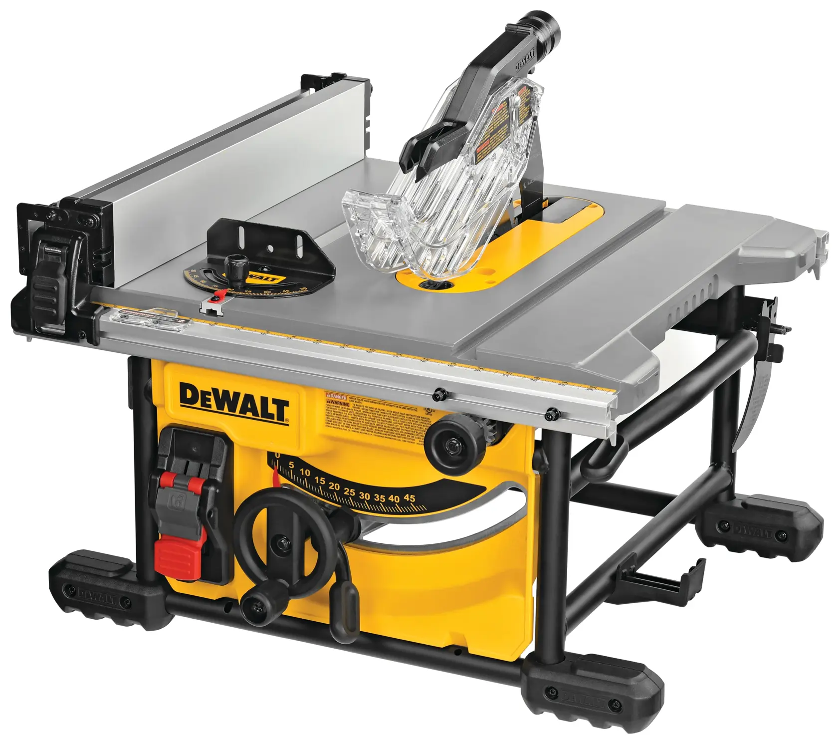 Serra circular elétrica de mesa da marca DEWALT com base amarela e preta, medidor ajustável e protetor de lâmina transparente. A serra é projetada para cortar madeira e está montada em uma estrutura robusta.