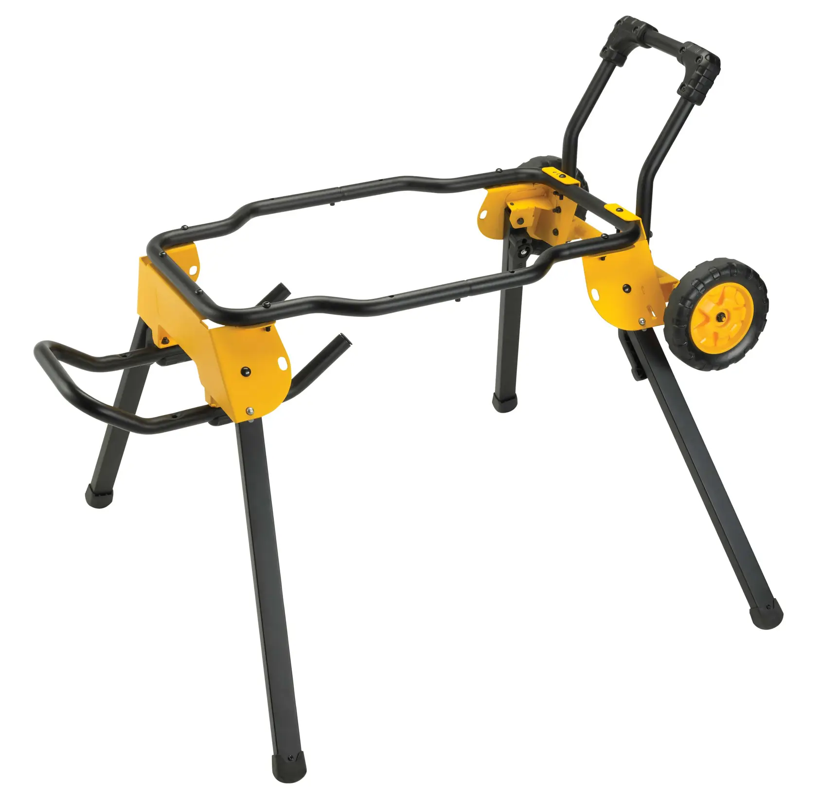 Um suporte móvel para serra de mesa DEWALT com suportes amarelos, estrutura de metal preta e rodas grandes para portabilidade, projetado para suportar e transportar uma serra de mesa.