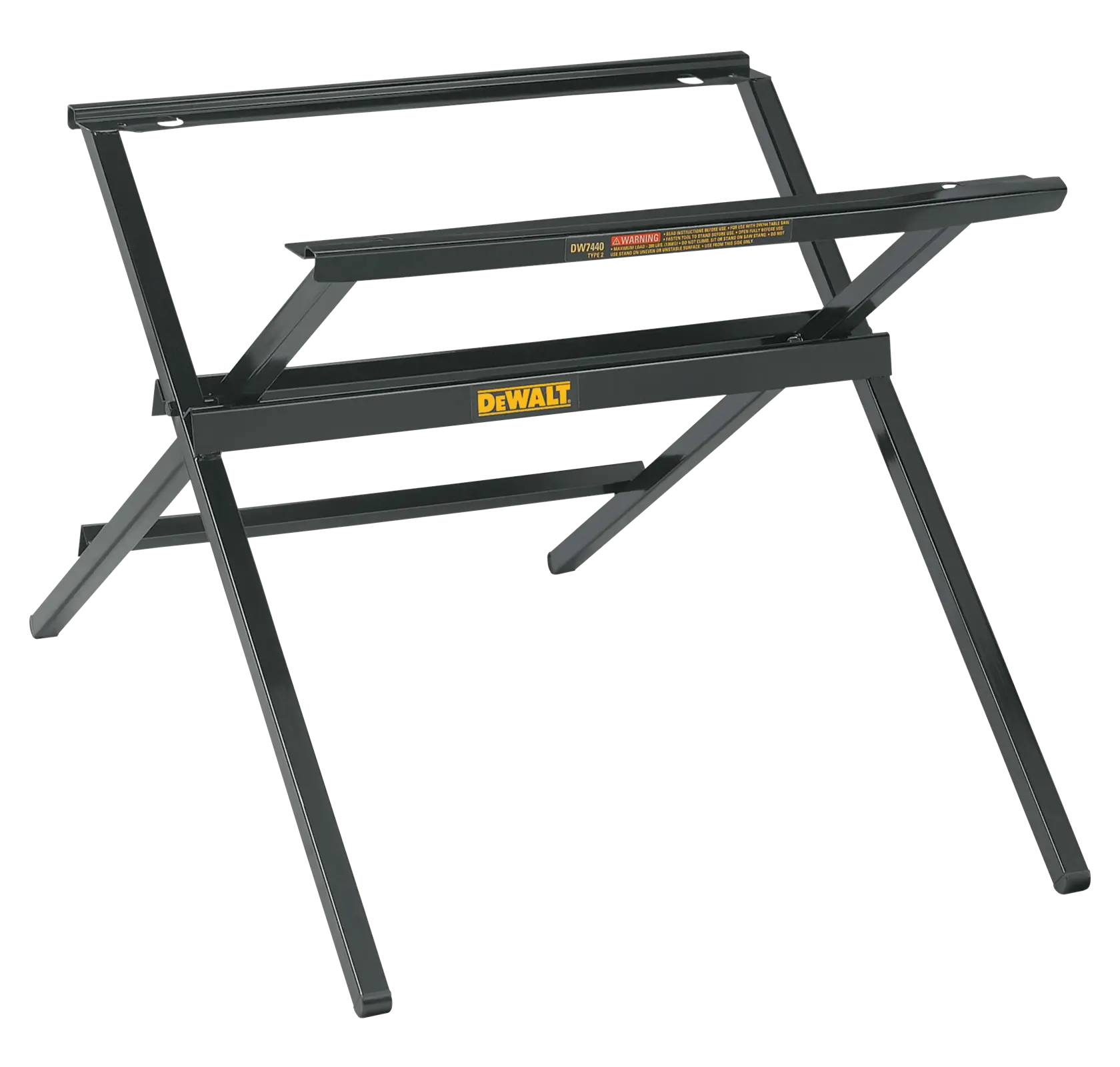 Suporte dobrável de metal DEWALT para ferramentas, preto, com cruz e logo da marca na frente.