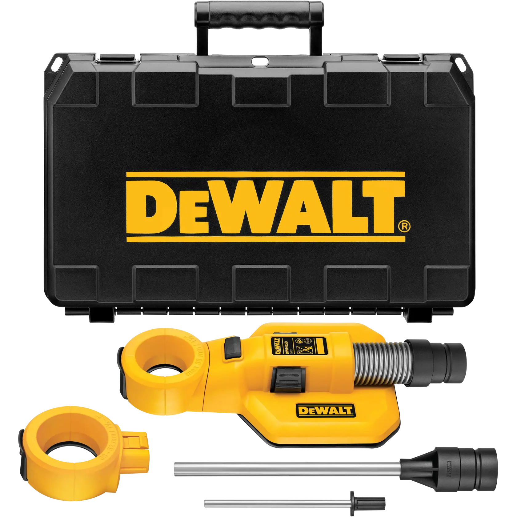Kit de acessório para extração de pó de perfuração DEWALT DWH050 com maleta de transporte preta e acessórios amarelos, incluindo o principal protetor contra poeira, colar de alça lateral, hastes e adaptador.