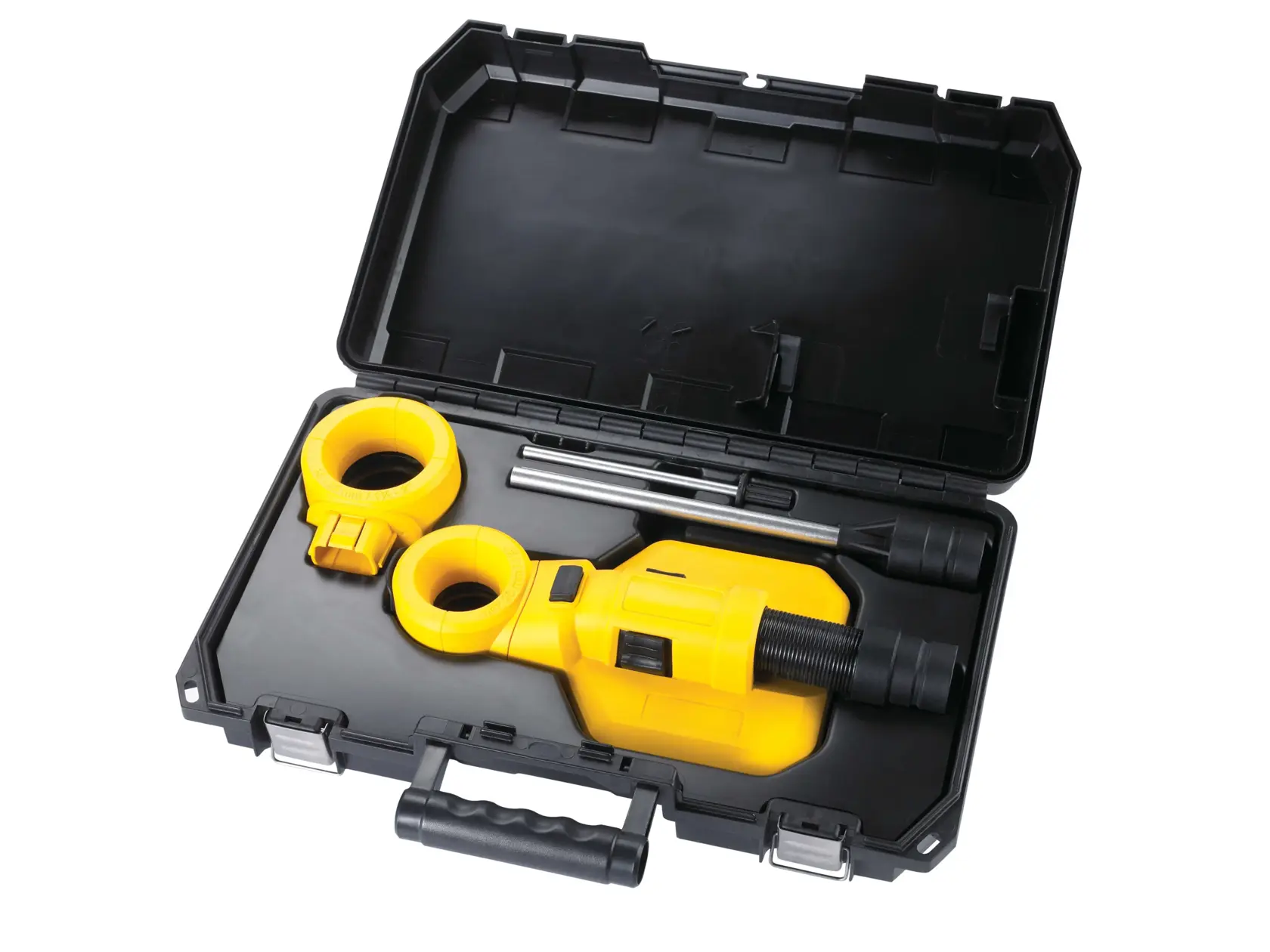 Um kit de ferramenta DEWALT DWH050 amarelo e preto em uma caixa rígida de plástico, incluindo acessórios e hastes, usado para perfuração ou extração de pó.