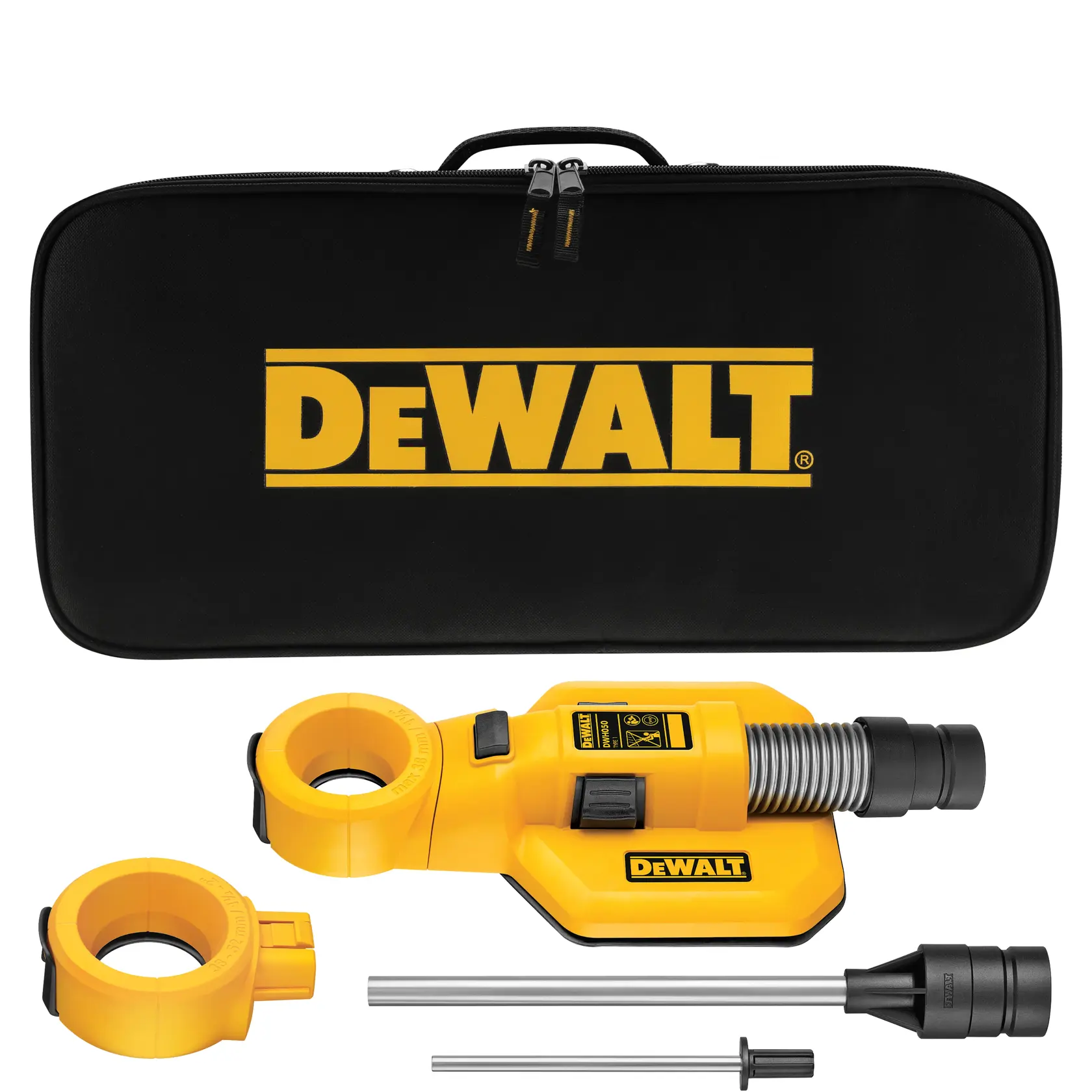 Kit de acessórios de coleta de poeira DEWALT, incluindo uma case de transporte preta com logo amarelo da DEWALT, um acessório amarelo de coleta de poeira, anéis adicionais, hastes de conexão e um bico.