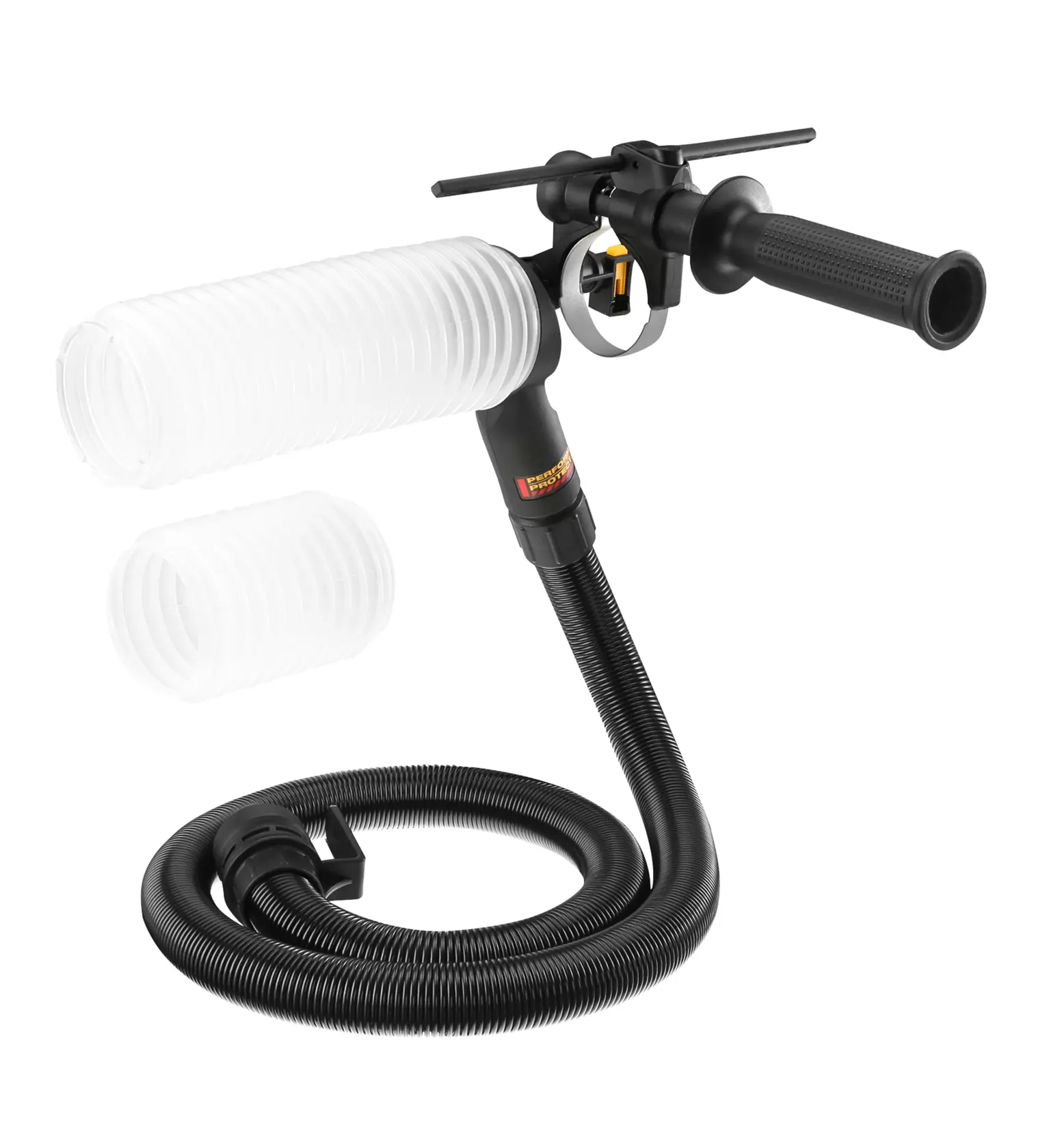 Acessório de extração de poeira DEWALT com mangueira flexível preta, alça e bico transparente em formato de acordeão. Inclui uma extensão extra de bico transparente.