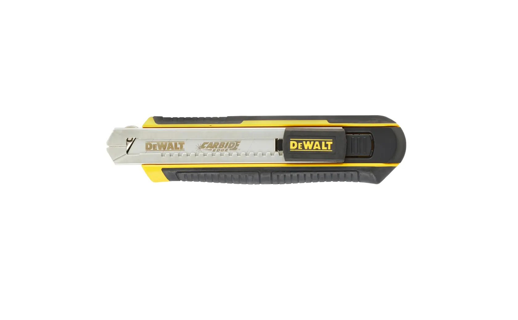 Um estilete DEWALT com lâmina segmentada retrátil, com cabo preto e amarelo e logotipo DEWALT.