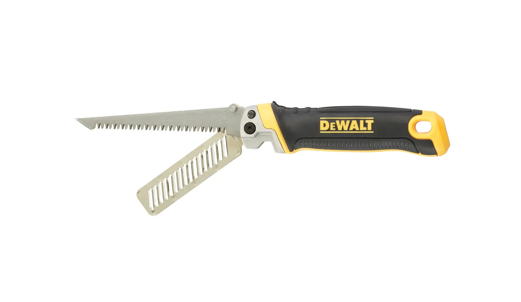 Uma serra dobrável para drywall DEWALT com cabo preto e amarelo e duas lâminas dobráveis, uma lâmina de serra e uma lâmina pontiaguda, mostradas estendidas.