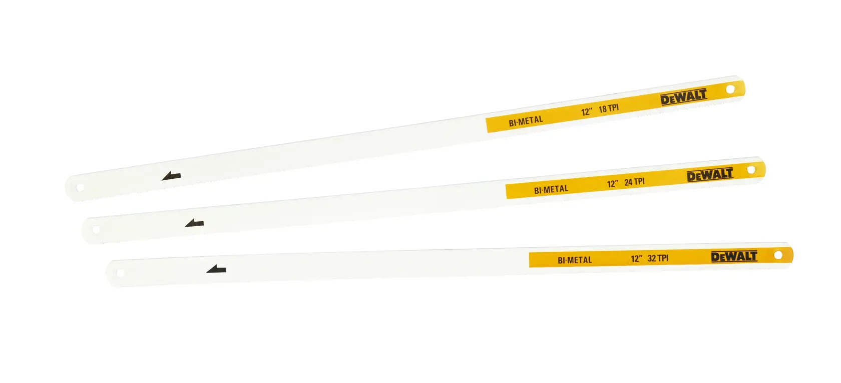 Tres hojas de sierra bimaterial DEWALT, con extremos amarillos, TPI y longitud marcada, mostradas juntas.