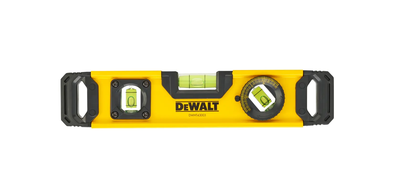 Uma ferramenta de nível fotográfico amarela DEWALT DWHT0-43003 com três frascos, mostrador de ângulo giratório e duas alças ergonômicas em cada lado.