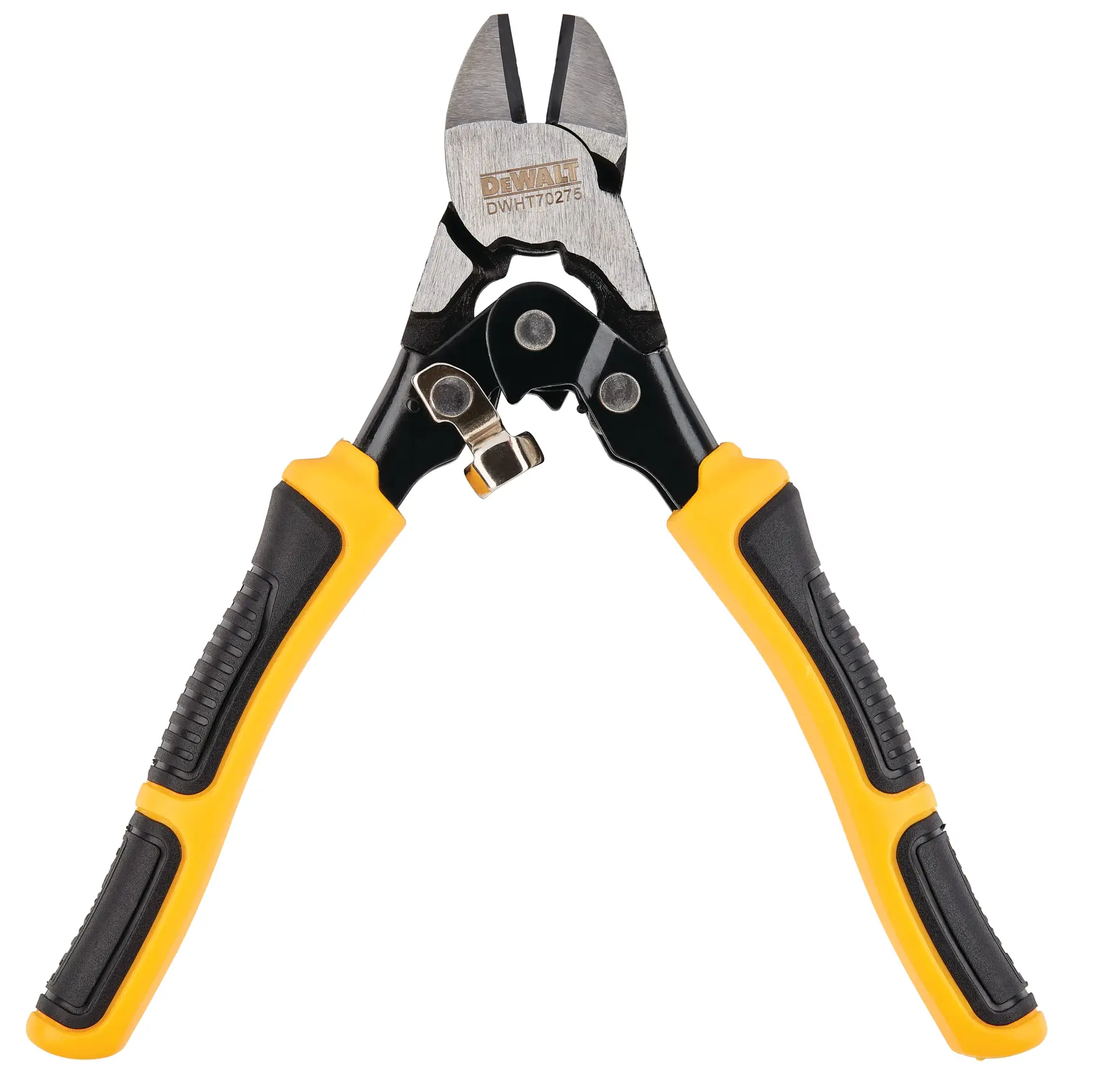 Cortador de alambre DEWALT DWHT0-70275 con mangos negro y amarillo sobre fondo blanco.
