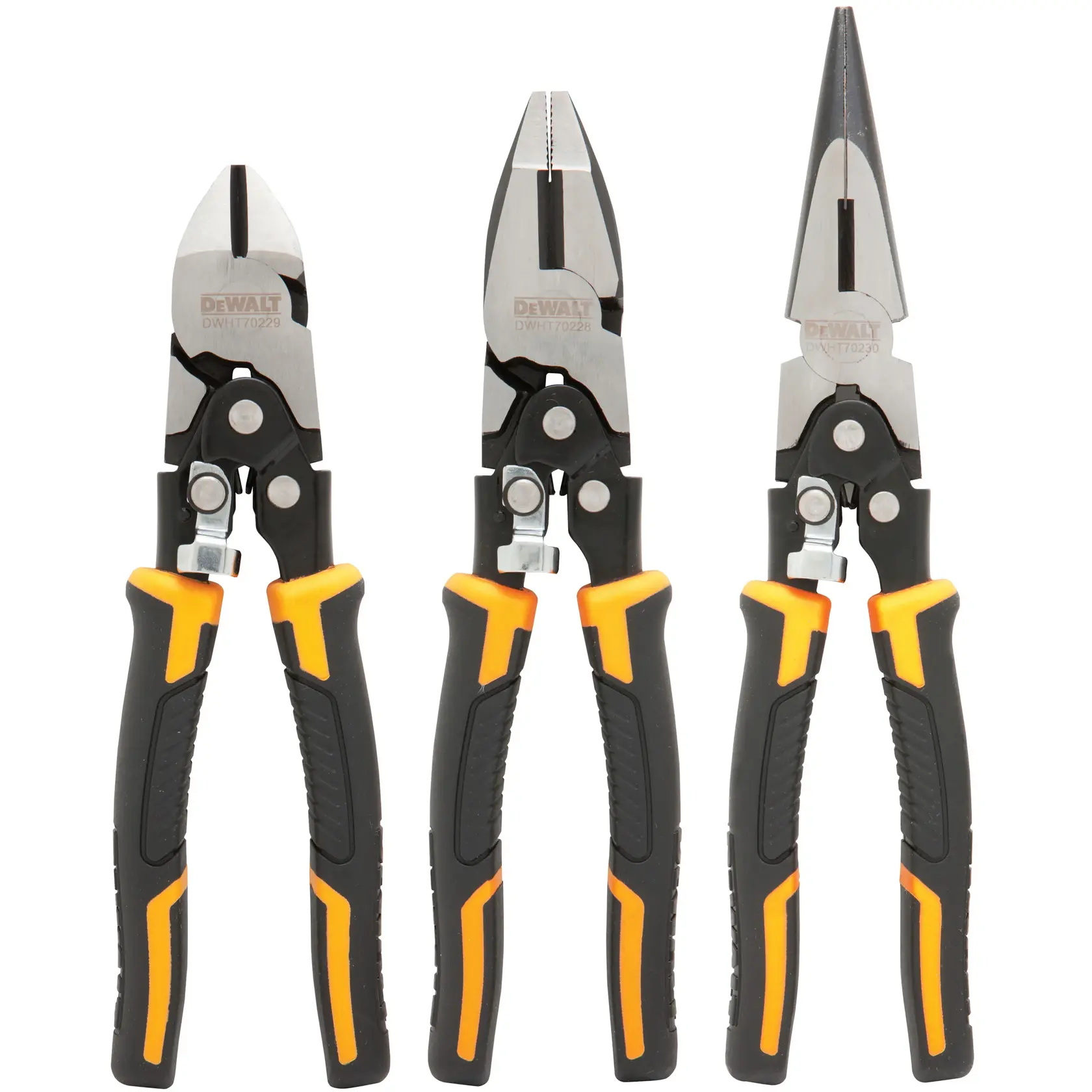 Três ferramentas manuais DEWALT, incluindo um alicate de corte diagonal, um alicate universal e um alicate de bico longo, todos com cabos pretos e amarelos, estão posicionados lado a lado em pé.